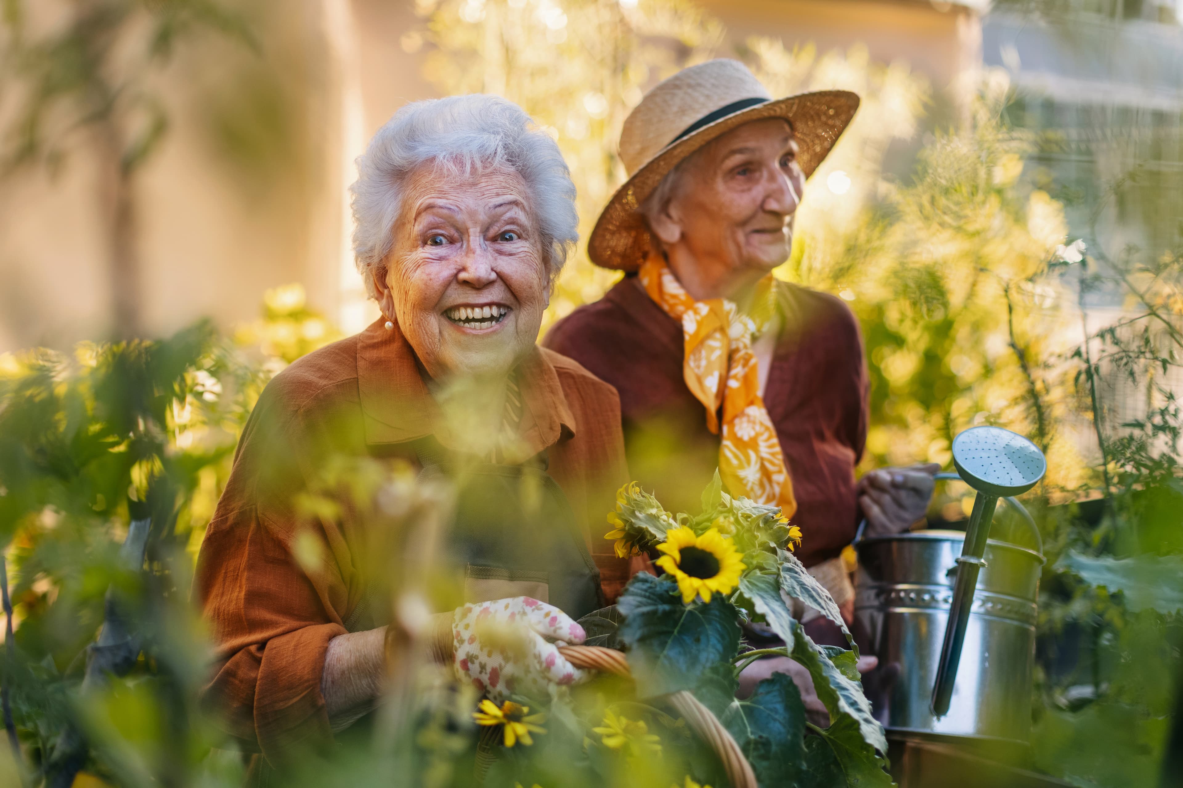 Senior friends joyfully gardening together